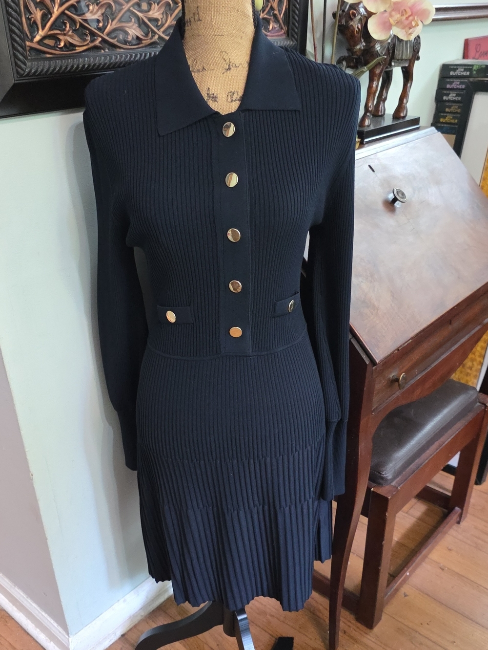 Veronica Beard Black Ribbed Polo Dress with Gold Buttons